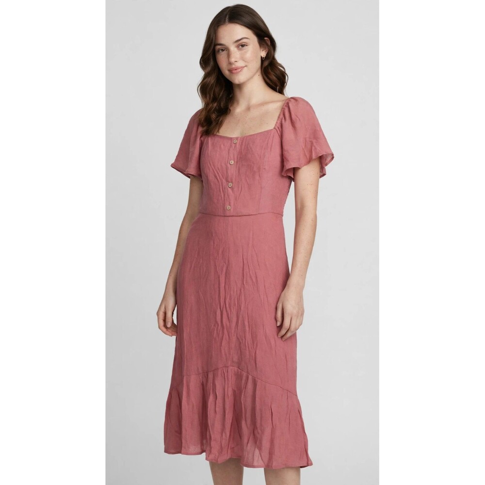 Luxology Womens Mauve Off Shoulder Dress S Short Sleeve Button Smocked Ruffle